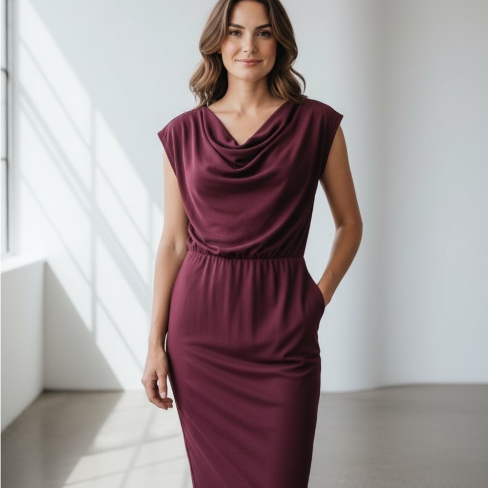 Rib Knit Burgundy Boat Neck Off The Shoulder Pencil Dress